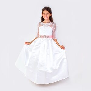 Flower Girl Princess Party Wedding Formal Holy Communion White Girls Dress 8-9Y